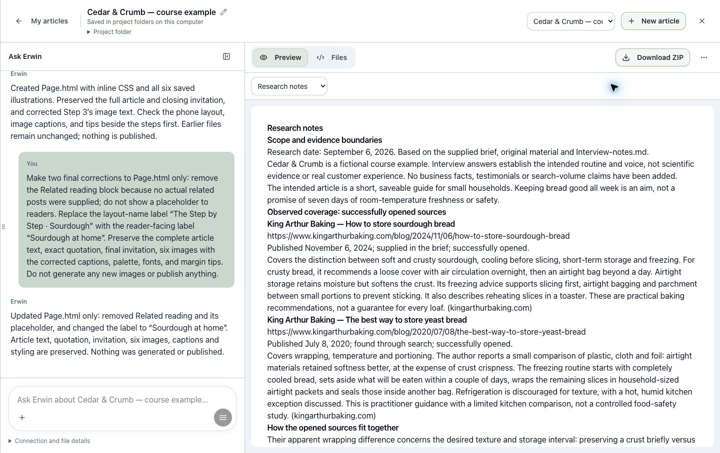Research notes and sources in the course article workspace