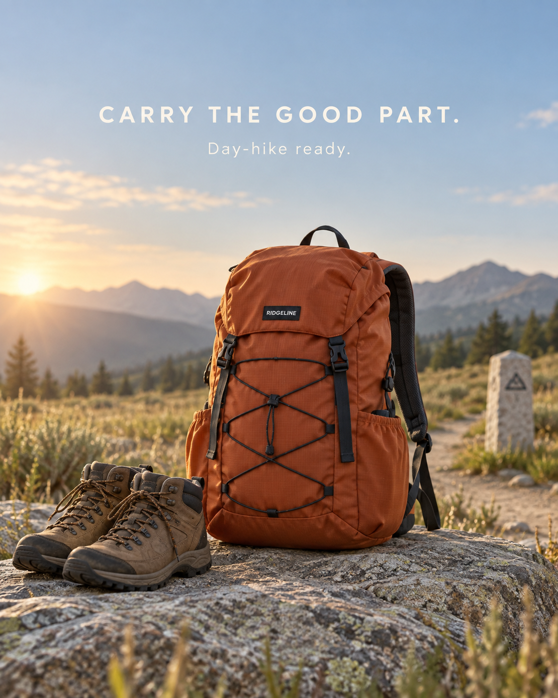 Actual course carousel example: backpack and hiking boots in the mountains