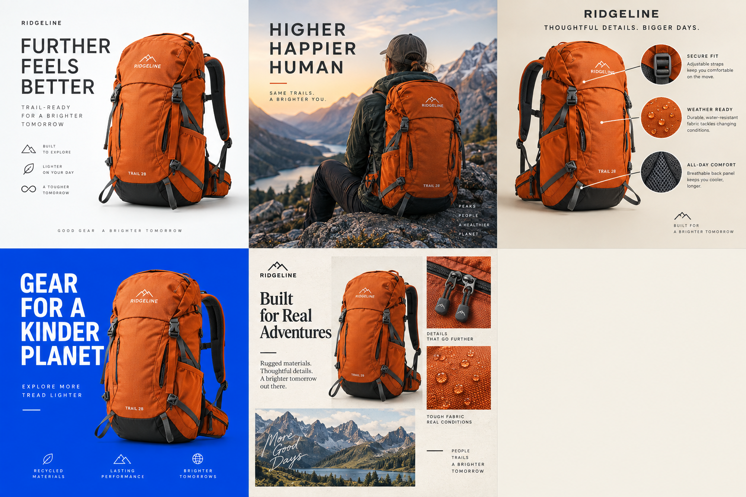Five different Ridgeline backpack promotional designs