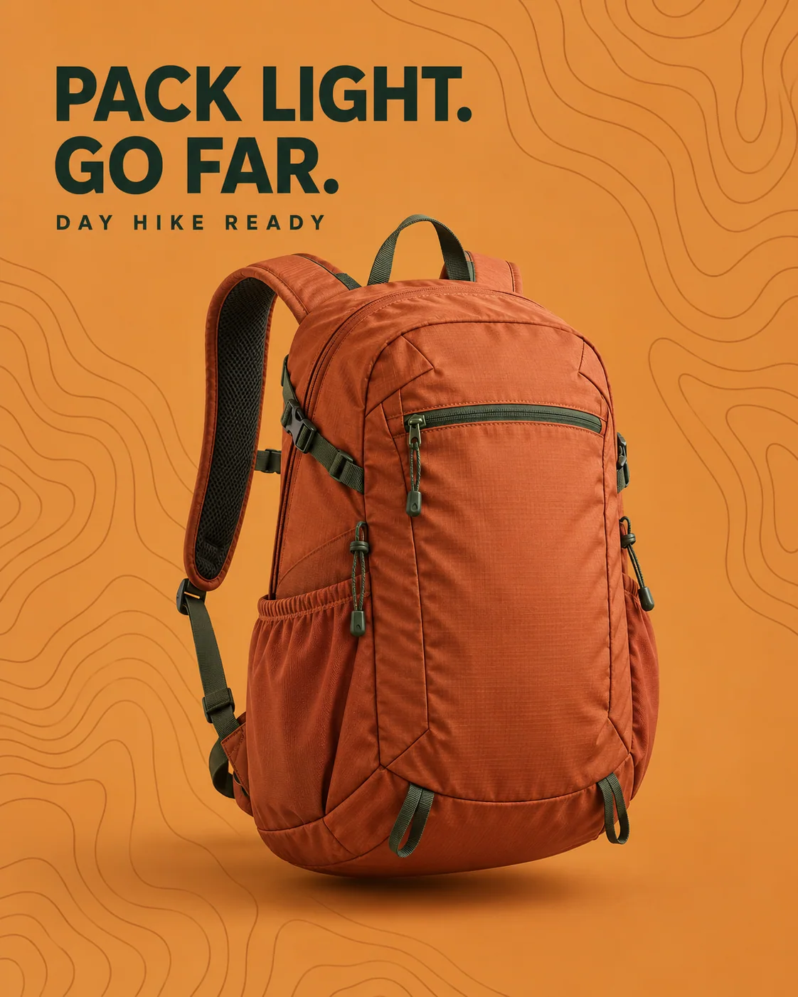 Actual course example: orange backpack social post, Pack light. Go far.