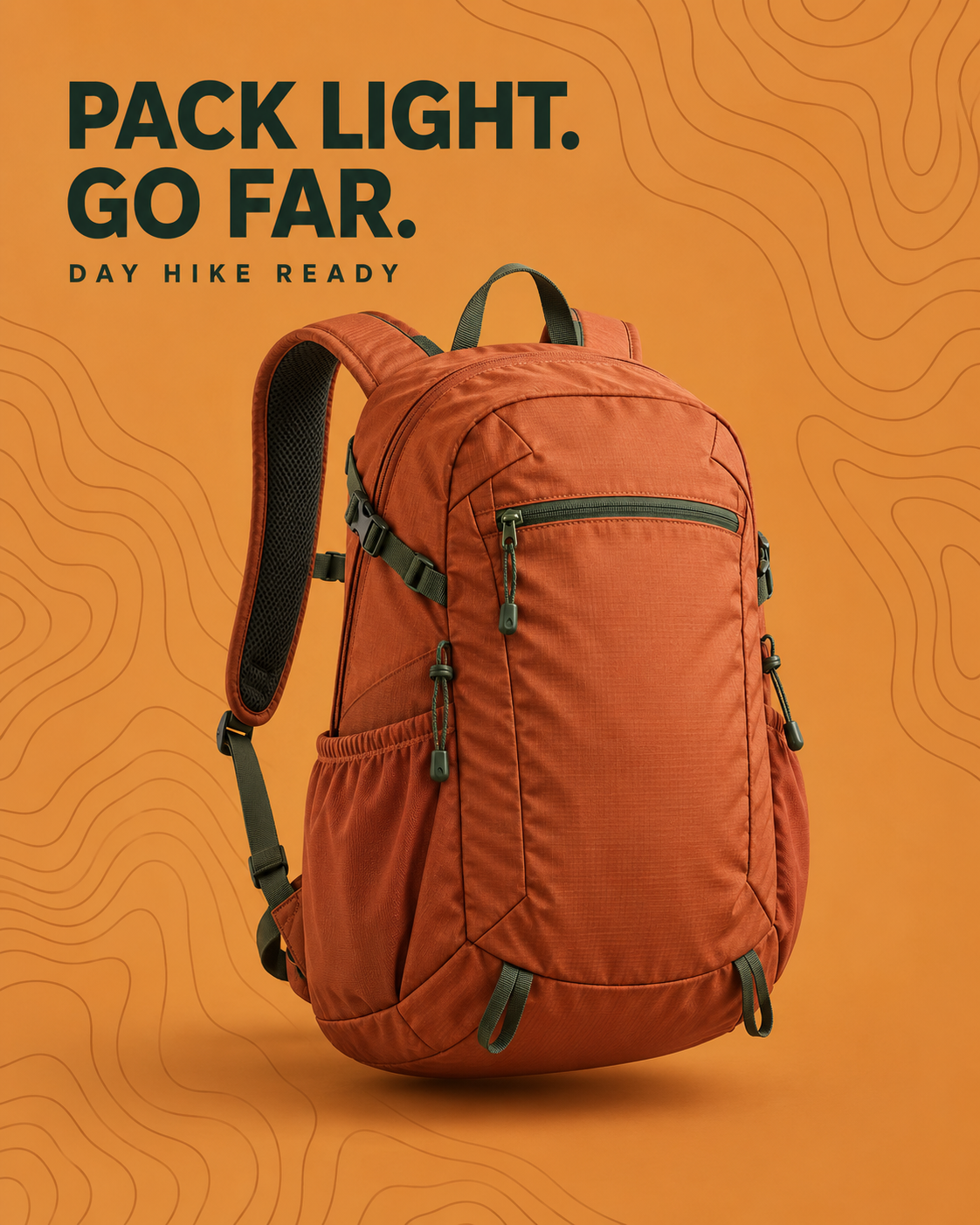 Actual course example: orange backpack social post, Pack light. Go far.