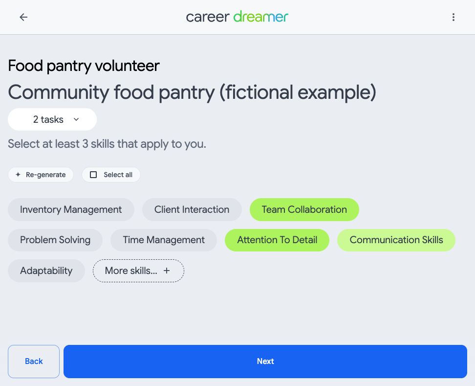 Career Dreamer helping a food pantry volunteer identify transferable skills