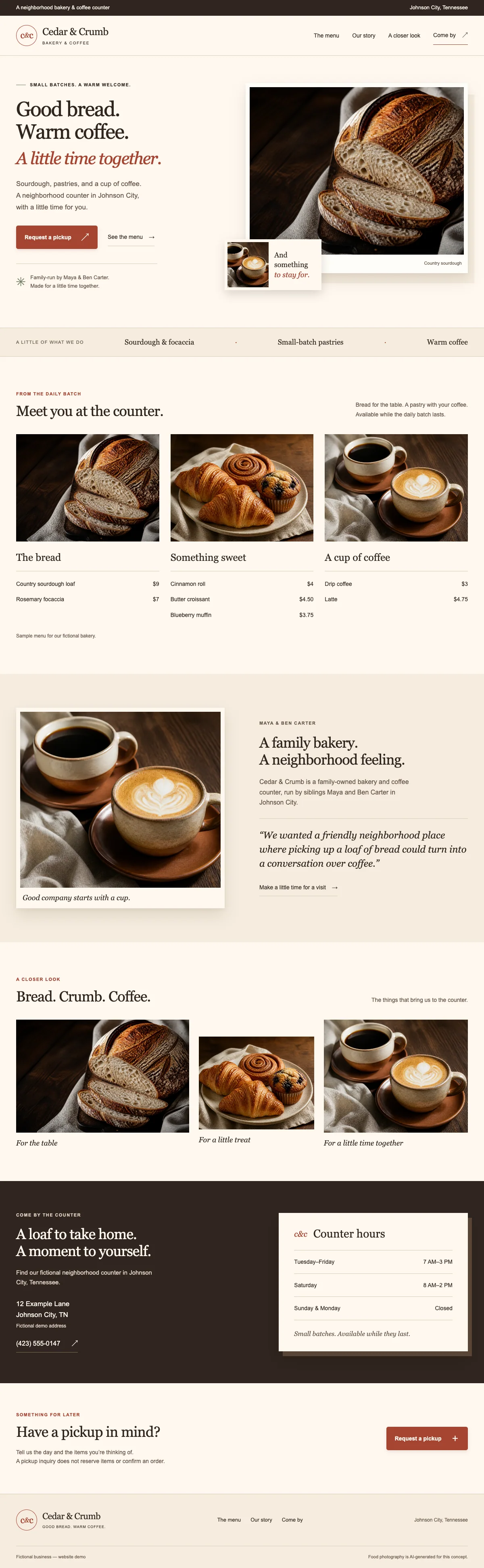 Finished Cedar and Crumb bakery website from the website lesson