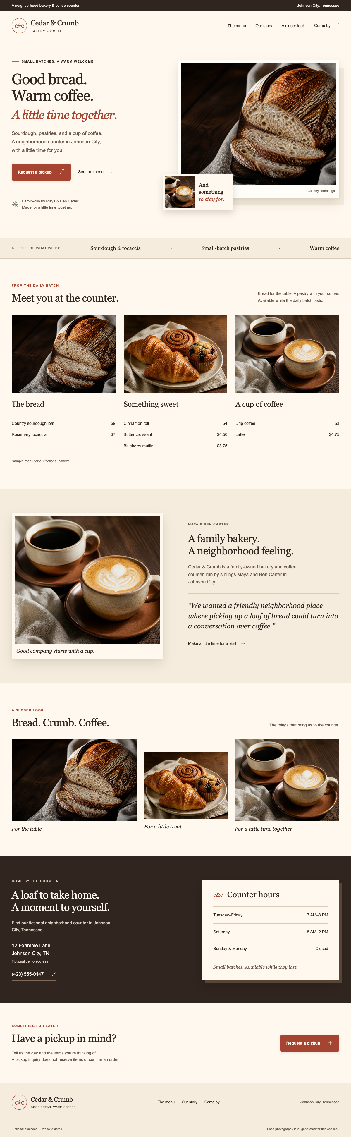 Finished Cedar and Crumb bakery website from the website lesson