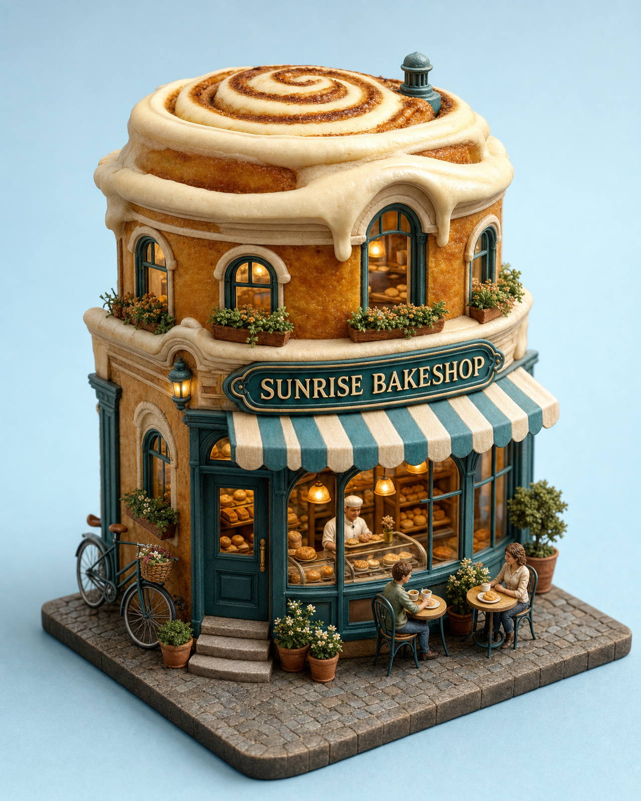 AI-created miniature bakery shaped like a cinnamon roll