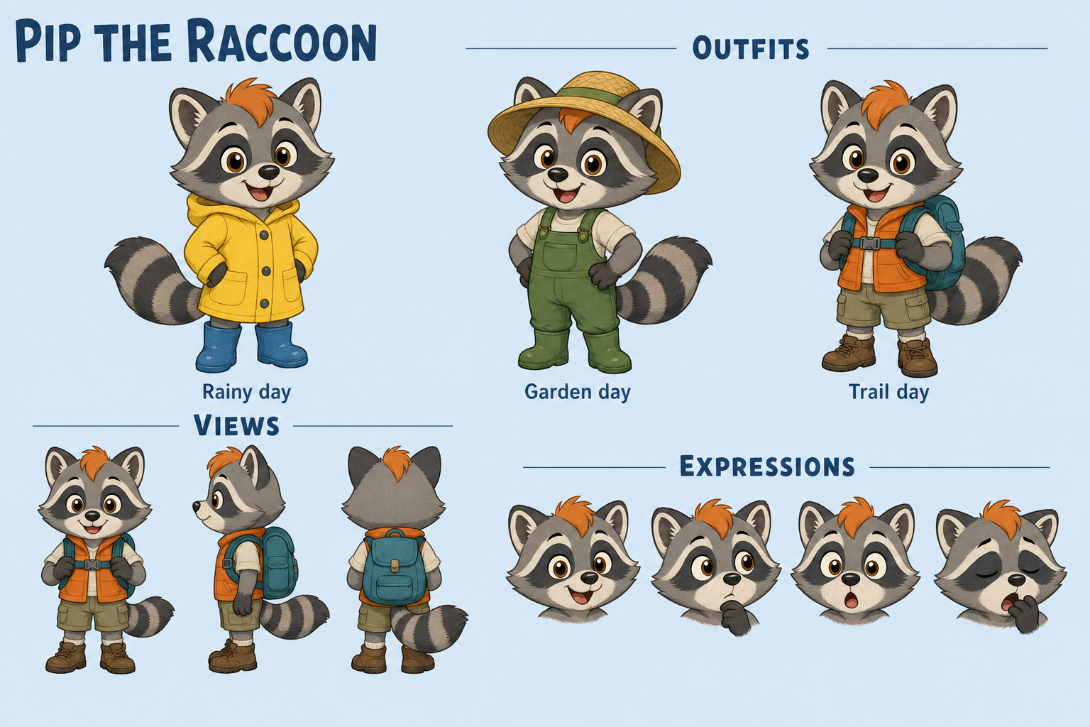 Pip the Raccoon character sheet with matching outfits, views and expressions