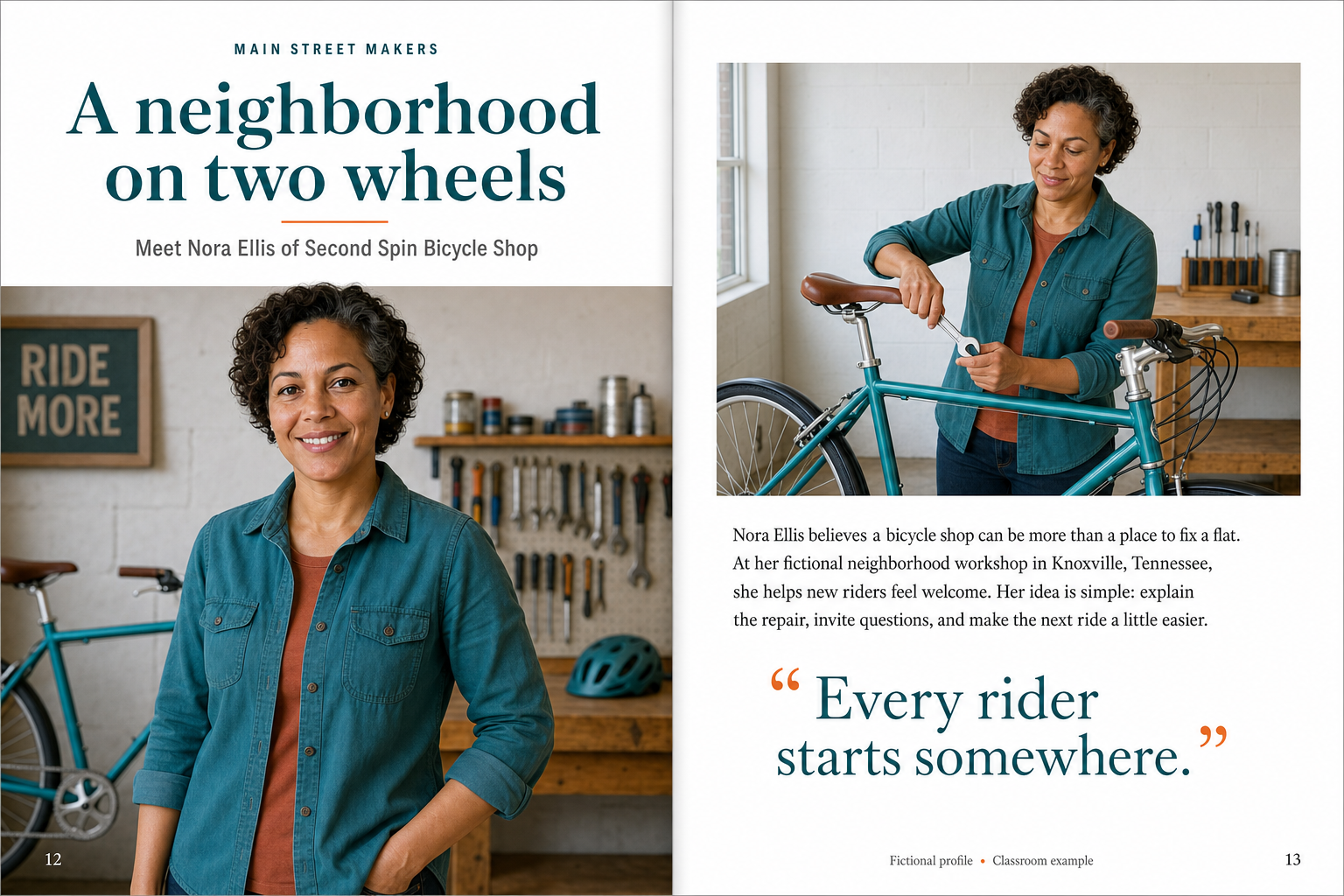 An AI-created magazine spread about fictional bicycle-shop owner Nora Ellis