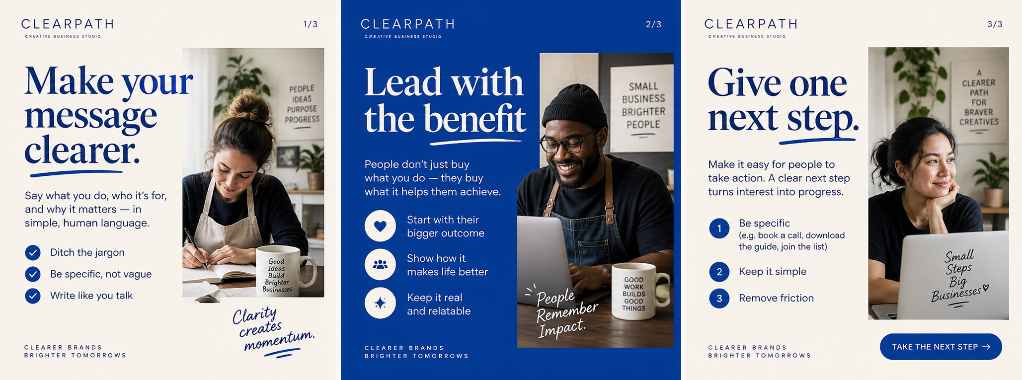 Clearpath carousel showing a message, its benefit and the next step
