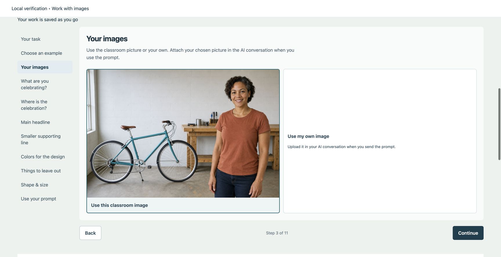 Image wizard with guided choices for picture, setting, headline, color and shape
