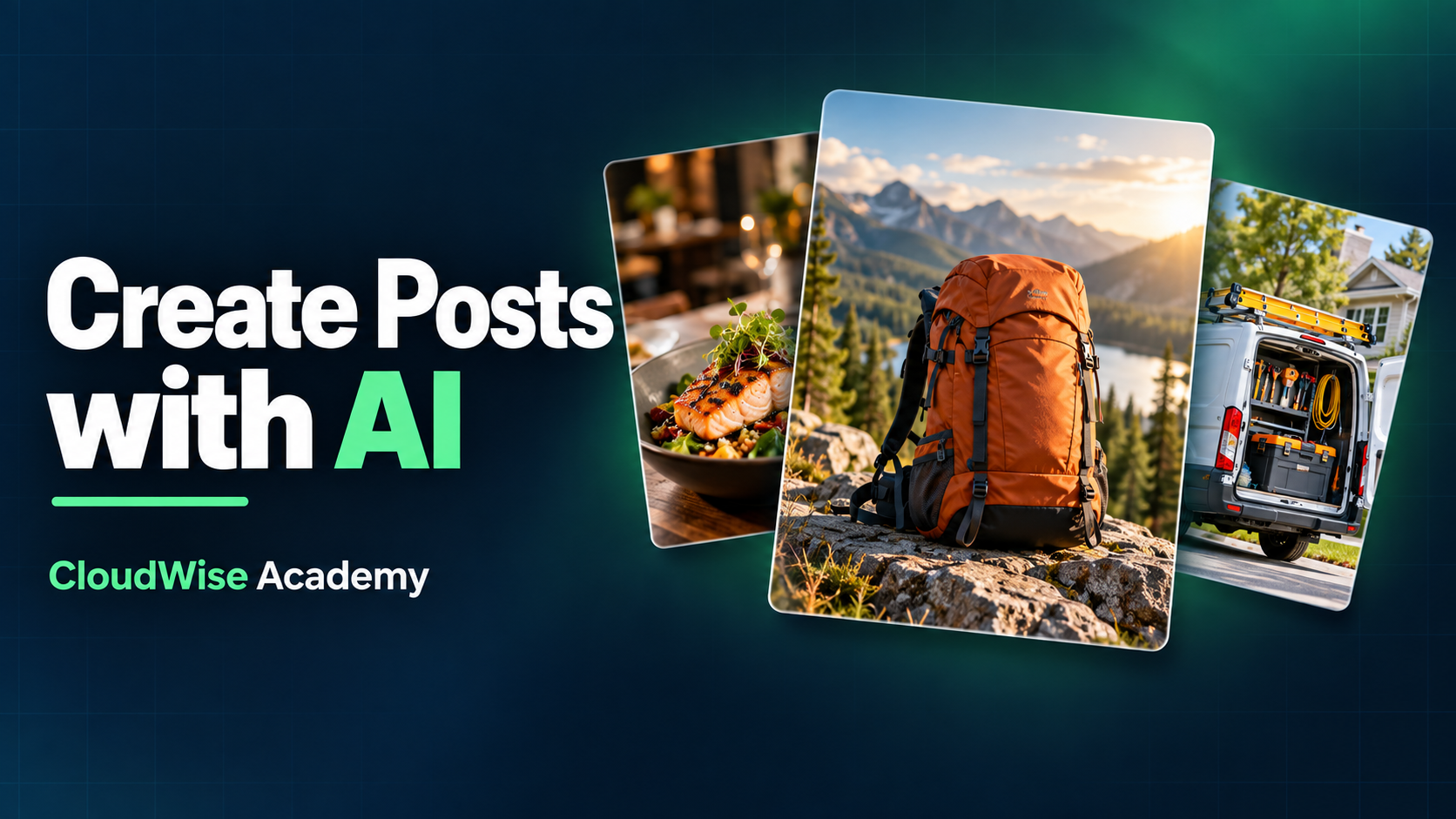 CloudWise Create Posts with AI thumbnail featuring food, a backpack and a service business