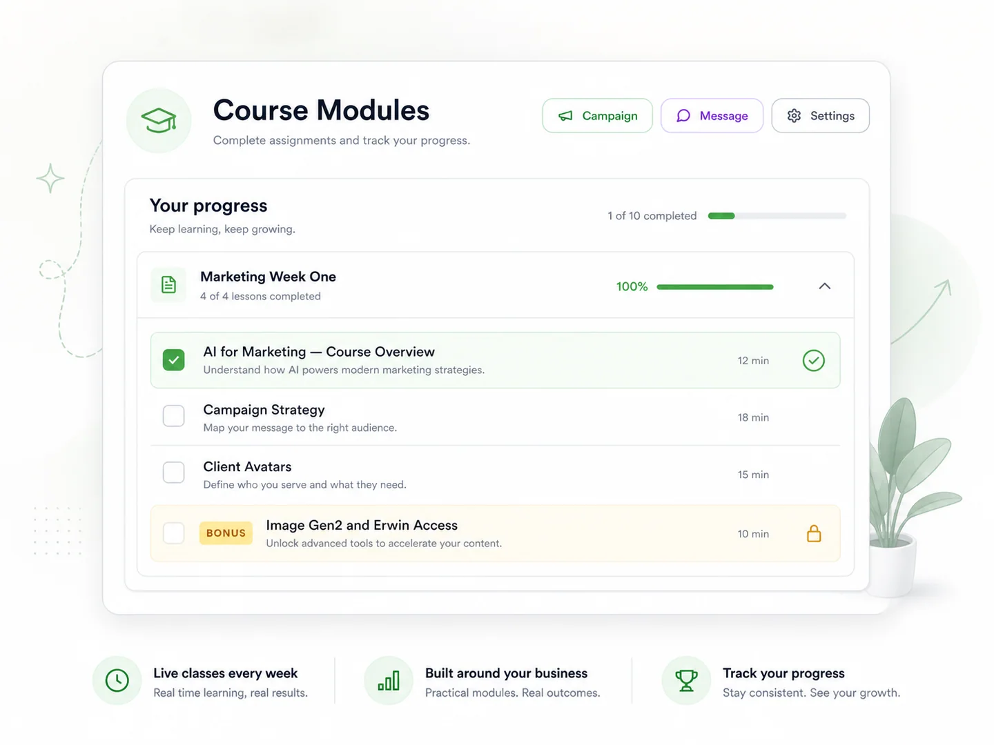 Cohort LMS view: live class sessions and modules tailored to your business.