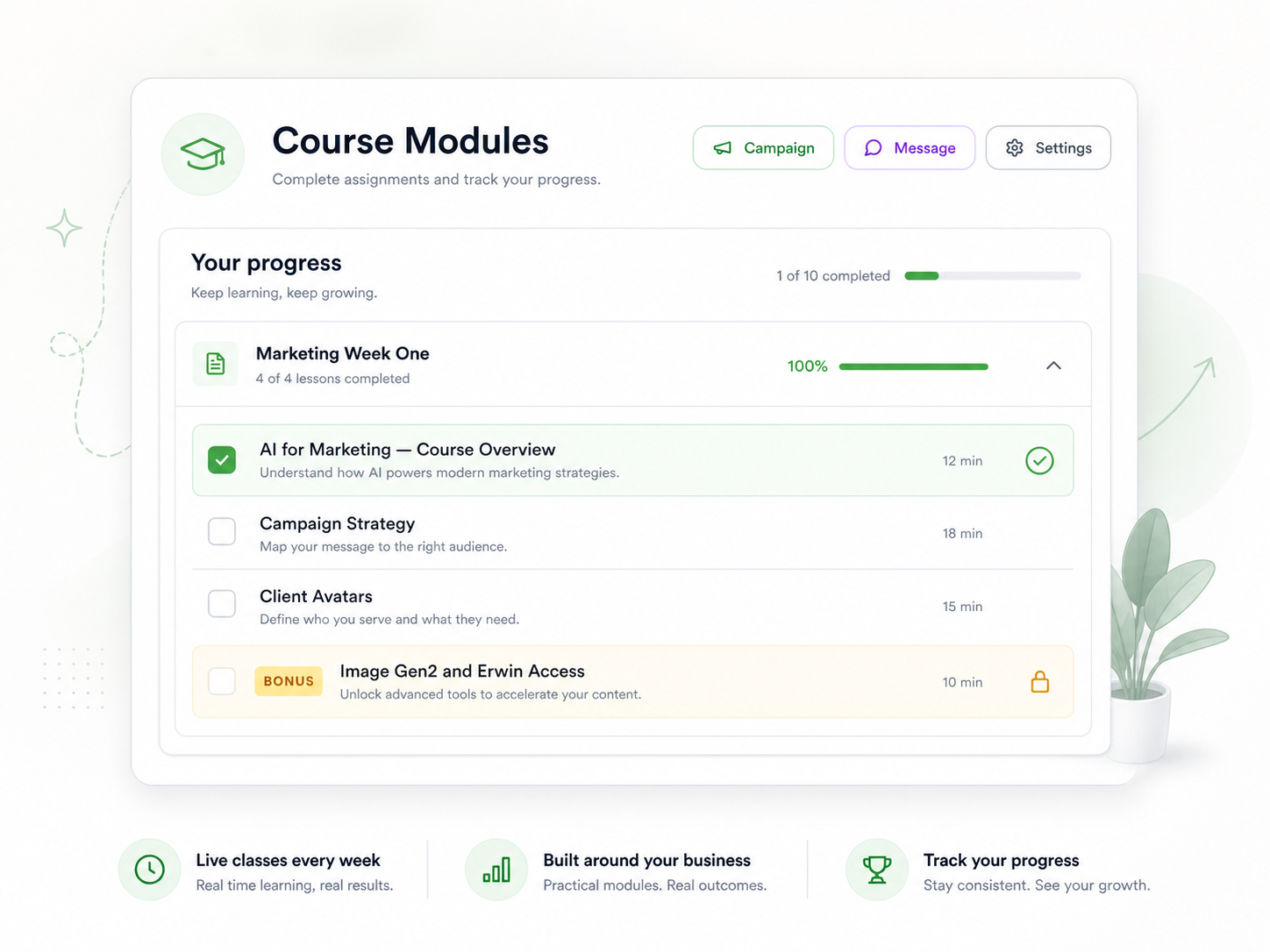 Cohort LMS view: live class sessions and modules tailored to your business.