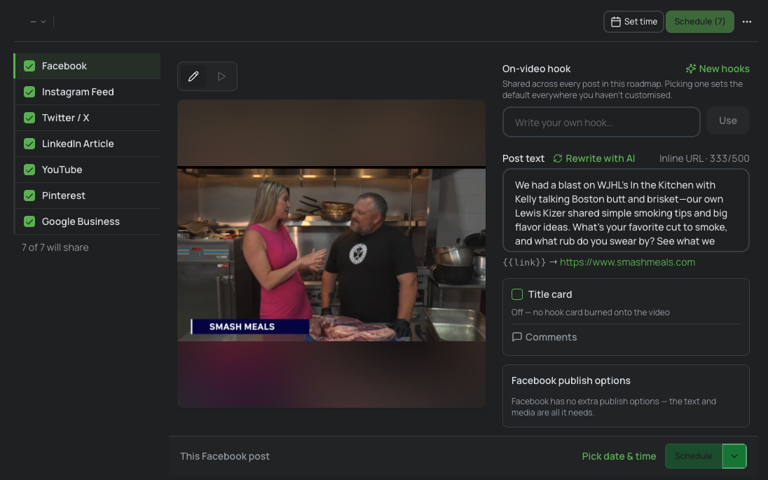 Market Power publishing workspace, showing a Smash Meals video ready for seven selected channels