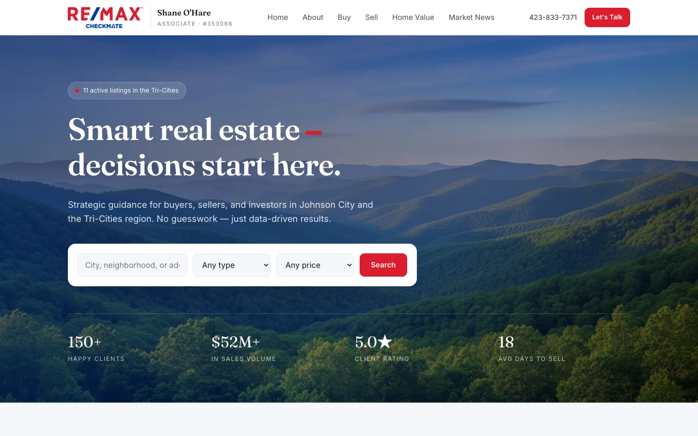 Shane O’Hare Realtor website with a mountain landscape and real estate search